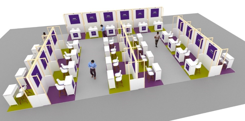 Vue du salon SIA'PRO, avec des stands représentant différents pays, des visuels agricoles et urbains, et des espaces d’échange entre exposants et visiteurs.