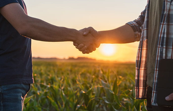 Two business partners shake hands with a background shot of a field