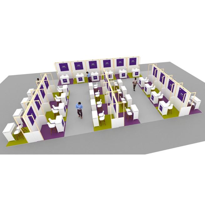 Visual of an exhibition booth with multiple spaces dedicated to exhibitors, each equipped with a table, chairs, and a personalized panel displaying the exhibitor's name.