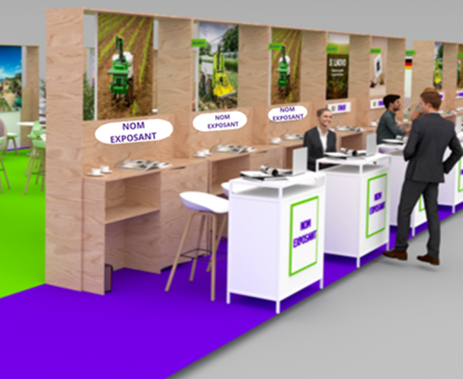 Visual of an exhibition booth with multiple spaces dedicated to exhibitors, each equipped with a table, chairs, and a personalized panel displaying the exhibitor's name. 