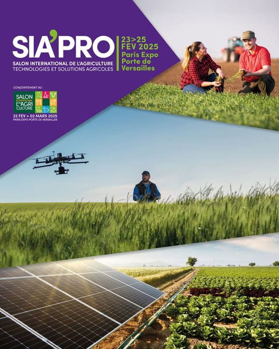 L'affiche du salon SIA'PRO 2025 montre quatre photos illustrant les thématiques et l'esprit de l'événement : l'innovation, l'équipement agricole, la culture de céréales, l'élevage et la convivialité