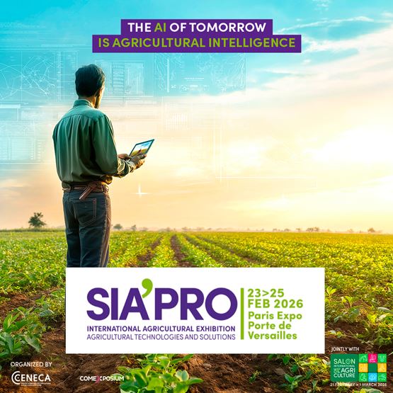 Visuel du salon SIA'PRO, Salon International de l’Agriculture – Technologies et Solutions Agricoles, organisé conjointement au Salon International de l’Agriculture. Dates : 23 au 25 février à Paris Expo Porte de Versailles. On y voit un agriculteur avec une tablette face à un champ, avec des interfaces digitales projetées en arrière-plan. Slogan : L’IA de demain, c’est l’intelligence agricole.