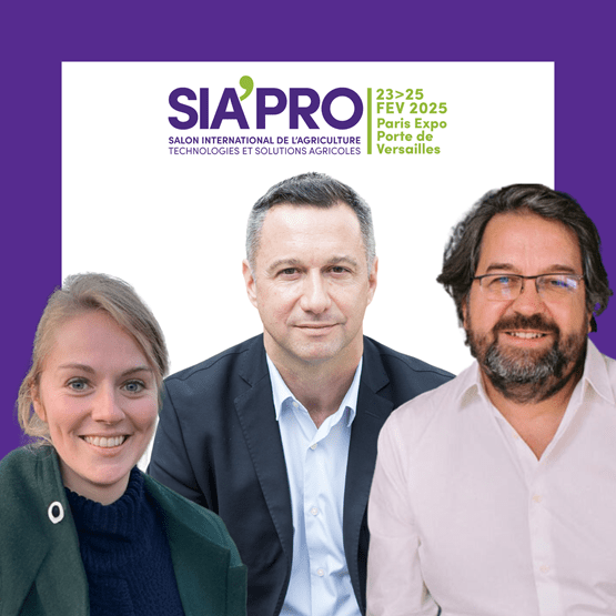 Portrait de trois personnes souriantes sur un fond violet, accompagnées du logo SIA'PRO et des informations sur l'événement : "Salon International de l'Agriculture - Technologies et Solutions Agricoles", qui se tiendra du 23 au 25 février 2025 à Paris Expo Porte de Versailles.