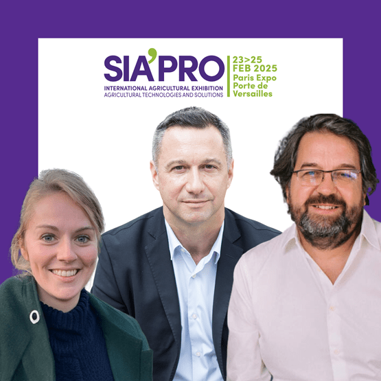 Portrait of three smiling people on a purple background, featuring the SIA'PRO logo and event details: "International Agricultural Exhibition - Agricultural Technologies and Solutions," held from February 23 to 25, 2025, at Paris Expo Porte de Versailles.