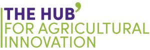 Logo “The hub' for agicultural innovation” in purple and green on a white background.