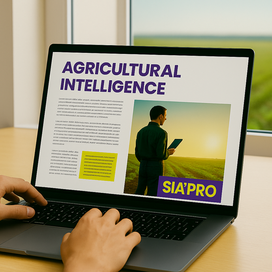 Person browsing a SIA’PRO article on a laptop, featuring a page on agricultural intelligence and a photo of a farmer in a field, with a window overlooking an agricultural landscape.